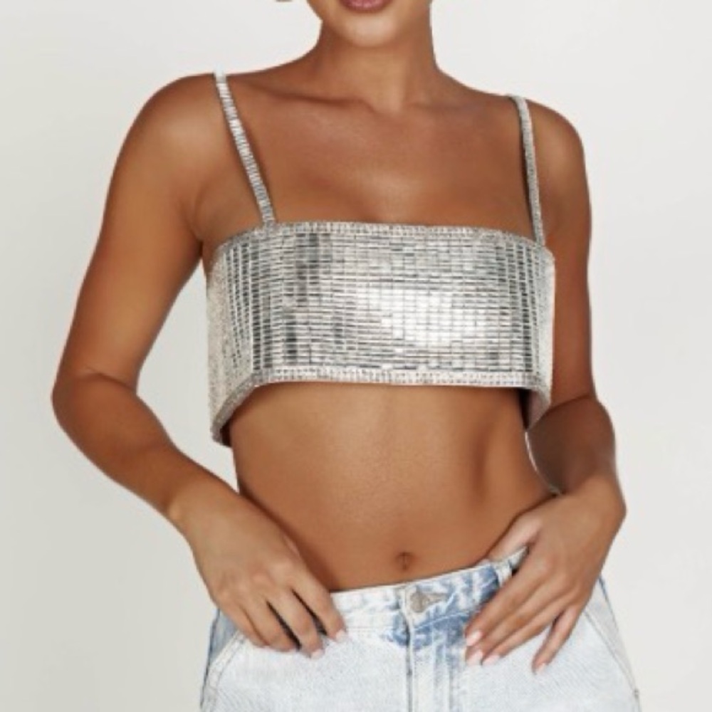 Meshki Shimmering Silver Crop Top NWT